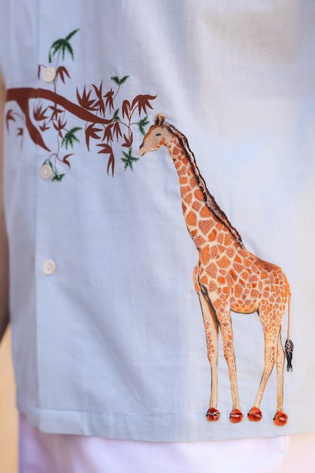 Buy_Raw & Rustic By Niti Bothra_Sky Blue Cotton, Linen, Tencel Embroidery Giraffe Cuban Collar Shirt 