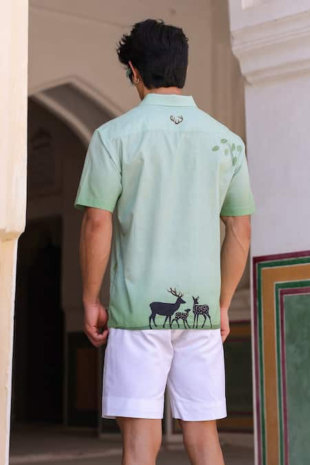 Raw & Rustic By Niti Bothra Green Deer Embroidered Cuban Collar Shirt 