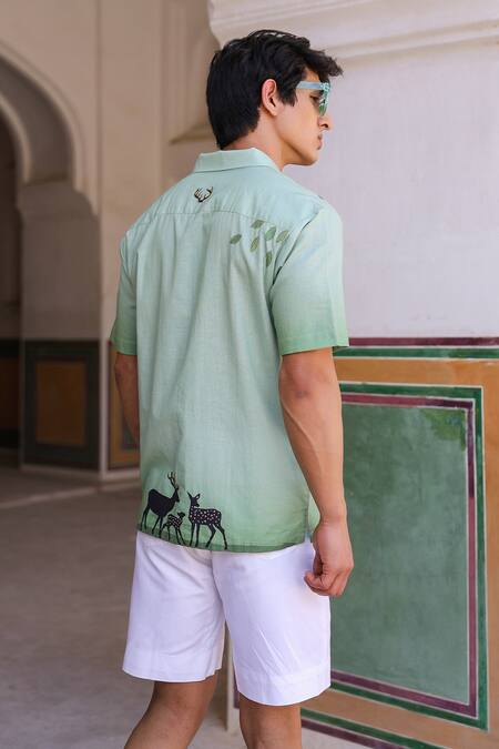 Raw & Rustic By Niti Bothra_Green Linen, Cotton, Tencel Embroidery Deer Cuban Collar Shirt _Online_at_Aza_Fashions