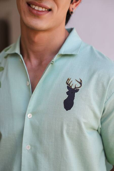 Buy_Raw & Rustic By Niti Bothra_Green Linen, Cotton, Tencel Embroidery Deer Cuban Collar Shirt _Online_at_Aza_Fashions