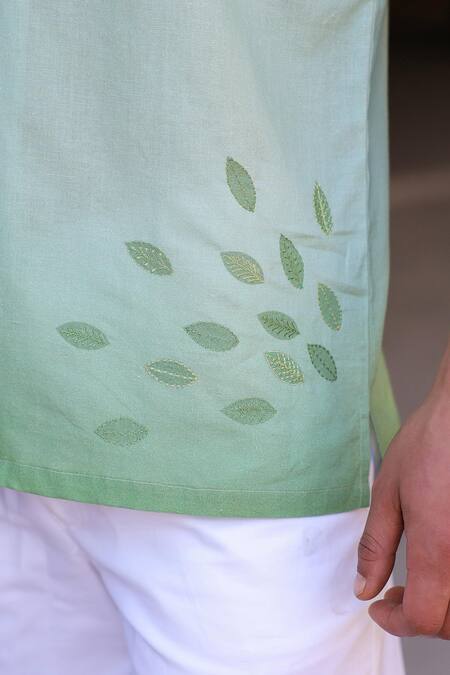 Shop_Raw & Rustic By Niti Bothra_Green Linen, Cotton, Tencel Embroidery Deer Cuban Collar Shirt _Online_at_Aza_Fashions