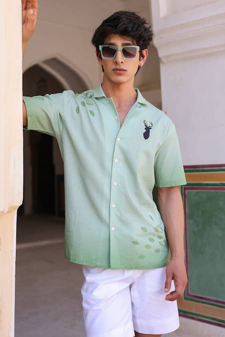 Raw & Rustic by Niti Bothra Green Deer Embroidered Cuban Collar Shirt 