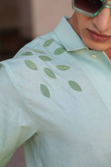 Raw & Rustic By Niti Bothra_Green Linen, Cotton, Tencel Embroidery Deer Cuban Collar Shirt _at_Aza_Fashions