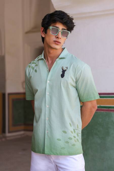 Buy_Raw & Rustic By Niti Bothra_Green Linen, Cotton, Tencel Embroidery Deer Cuban Collar Shirt 