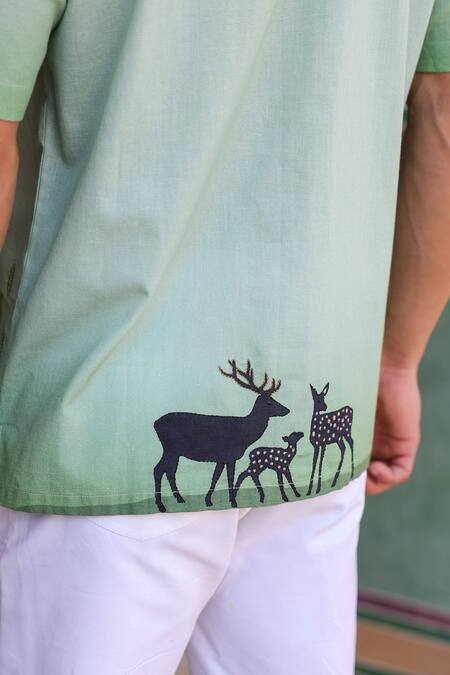 Shop_Raw & Rustic By Niti Bothra_Green Linen, Cotton, Tencel Embroidery Deer Cuban Collar Shirt 