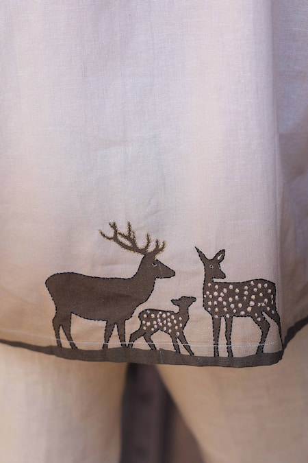 Raw & Rustic By Niti Bothra_Ivory Linen, Cotton Embroidery Deer Cuban Collar Shirt _Online_at_Aza_Fashions