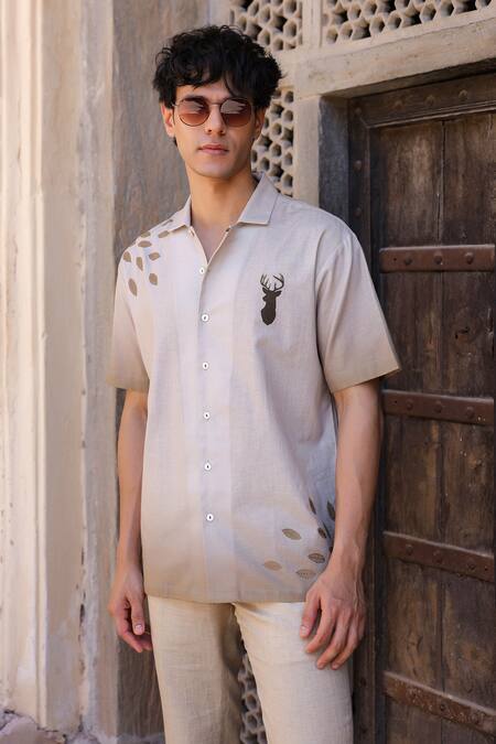 Buy_Raw & Rustic By Niti Bothra_Ivory Linen, Cotton Embroidery Deer Cuban Collar Shirt _Online_at_Aza_Fashions