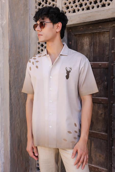 Shop_Raw & Rustic By Niti Bothra_Ivory Linen, Cotton Embroidery Deer Cuban Collar Shirt _Online_at_Aza_Fashions
