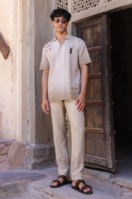 Raw & Rustic By Niti Bothra_Ivory Linen, Cotton Embroidery Deer Cuban Collar Shirt _at_Aza_Fashions