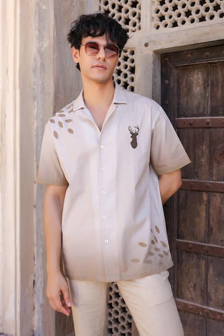 Raw & Rustic by Niti Bothra Deer Embroidered Cuban Collar Shirt 