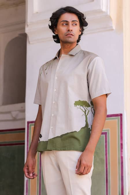 Raw & Rustic By Niti Bothra_Ivory Linen, Cotton, Tencel Embroidery Panther Cuban Collar Shirt _Online_at_Aza_Fashions