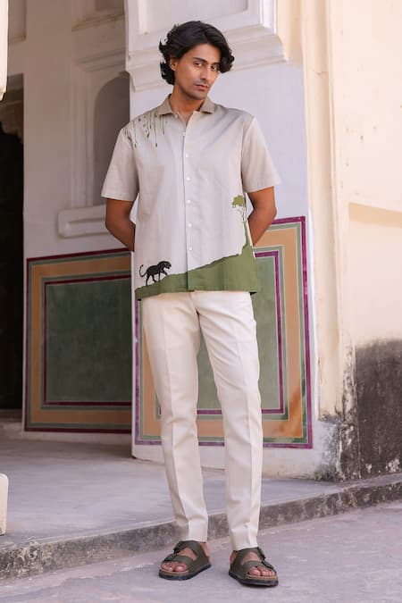 Buy_Raw & Rustic By Niti Bothra_Ivory Linen, Cotton, Tencel Embroidery Panther Cuban Collar Shirt _Online_at_Aza_Fashions