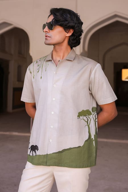 Raw & Rustic By Niti Bothra Panther Embroidered Cuban Collar Shirt 
