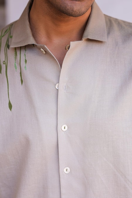 Shop_Raw & Rustic By Niti Bothra_Ivory Linen, Cotton, Tencel Embroidery Panther Cuban Collar Shirt _Online_at_Aza_Fashions