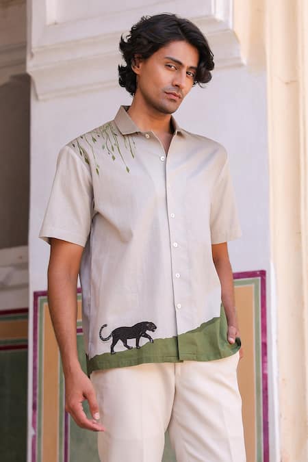Raw & Rustic by Niti Bothra Panther Embroidered Cuban Collar Shirt 