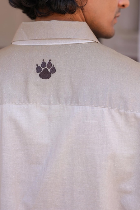 Raw & Rustic By Niti Bothra_Ivory Linen, Cotton, Tencel Embroidery Panther Cuban Collar Shirt _at_Aza_Fashions