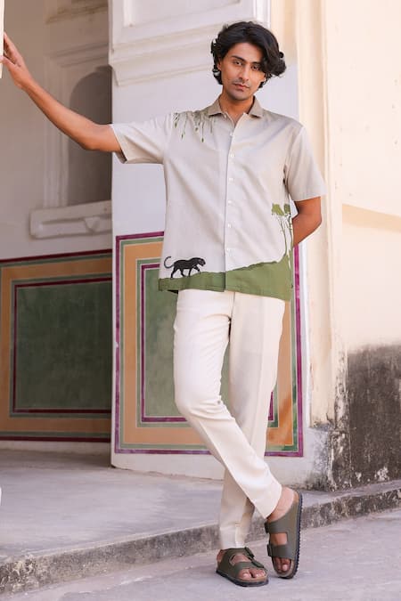 Buy_Raw & Rustic By Niti Bothra_Ivory Linen, Cotton, Tencel Embroidery Panther Cuban Collar Shirt 