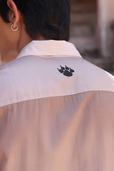 Raw & Rustic By Niti Bothra_Brown Linen, Cotton, Tencel Embroidery Panther Cuban Collar Shirt _Online_at_Aza_Fashions