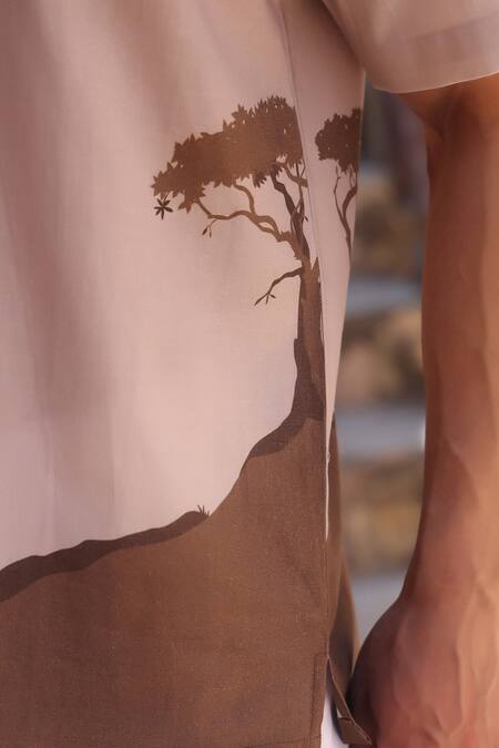 Shop_Raw & Rustic By Niti Bothra_Brown Linen, Cotton, Tencel Embroidery Panther Cuban Collar Shirt _Online_at_Aza_Fashions