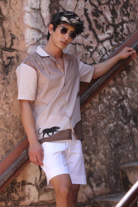 Raw & Rustic By Niti Bothra_Brown Linen, Cotton, Tencel Embroidery Panther Cuban Collar Shirt _at_Aza_Fashions