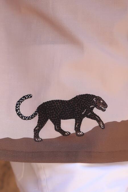 Shop_Raw & Rustic By Niti Bothra_Brown Linen, Cotton, Tencel Embroidery Panther Cuban Collar Shirt 