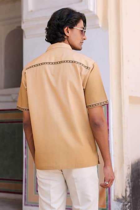 Raw & Rustic By Niti Bothra Peach Horse Embroidered Cuban Collar Shirt 