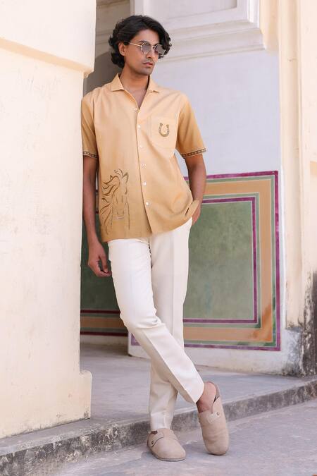 Raw & Rustic By Niti Bothra_Peach Linen, Tencel, Cotton Embroidery Horse Cuban Collar Shirt _Online_at_Aza_Fashions