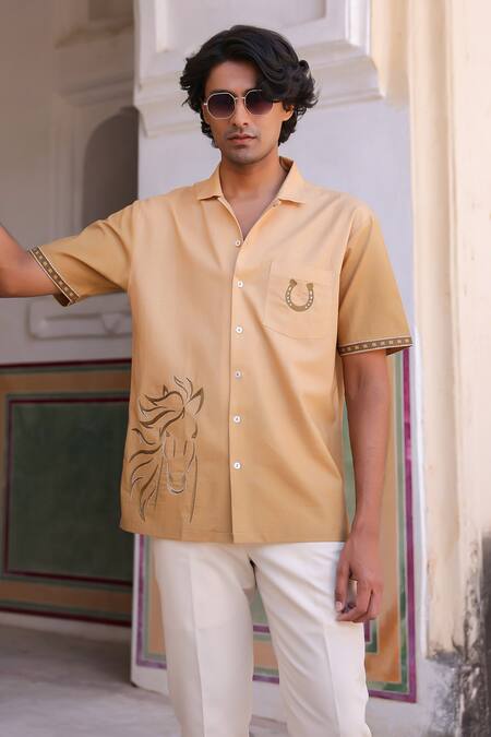 Raw & Rustic by Niti Bothra Peach Horse Embroidered Cuban Collar Shirt 
