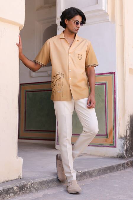 Shop_Raw & Rustic By Niti Bothra_Peach Linen, Tencel, Cotton Embroidery Horse Cuban Collar Shirt _Online_at_Aza_Fashions