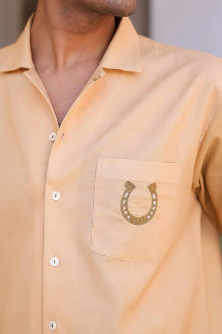 Raw & Rustic By Niti Bothra_Peach Linen, Tencel, Cotton Embroidery Horse Cuban Collar Shirt _at_Aza_Fashions