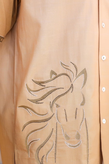 Buy_Raw & Rustic By Niti Bothra_Peach Linen, Tencel, Cotton Embroidery Horse Cuban Collar Shirt 