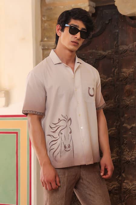 Raw & Rustic By Niti Bothra_Brown Linen, Cotton, Tencel Embroidery Light Horse Cuban Shirt _Online_at_Aza_Fashions