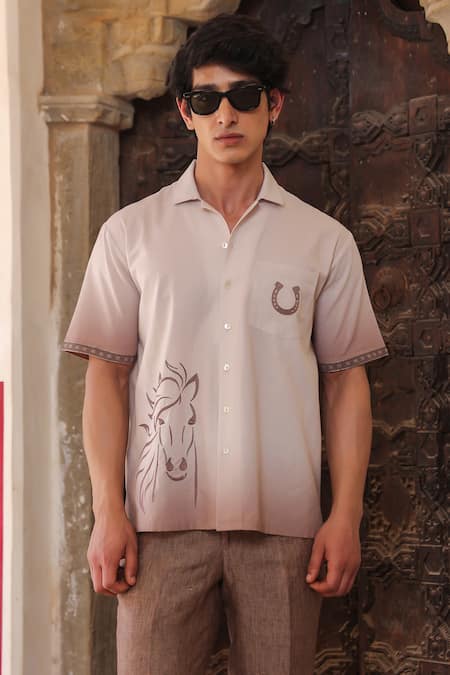 Raw & Rustic by Niti Bothra Light Brown Horse Embroidered Cuban Shirt 