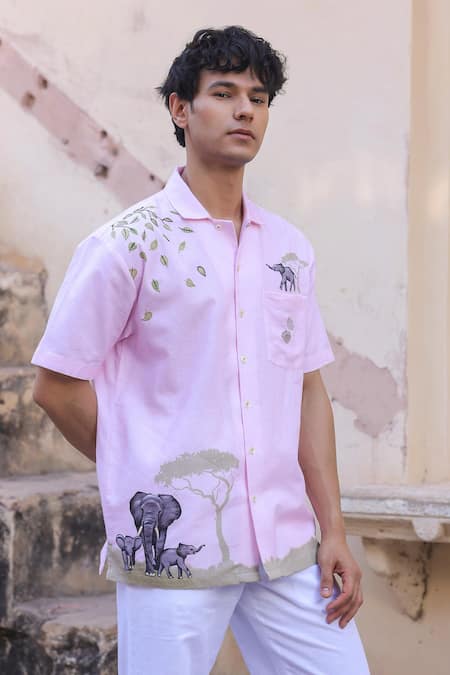 Raw & Rustic by Niti Bothra Pink Elephant Embroidered Cuban Collar Shirt 