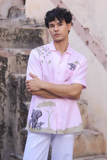Raw & Rustic By Niti Bothra_Pink Linen, Cotton, Tencel Embroidery Elephant Cuban Collar Shirt _Online_at_Aza_Fashions