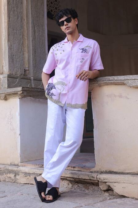 Buy_Raw & Rustic By Niti Bothra_Pink Linen, Cotton, Tencel Embroidery Elephant Cuban Collar Shirt _Online_at_Aza_Fashions