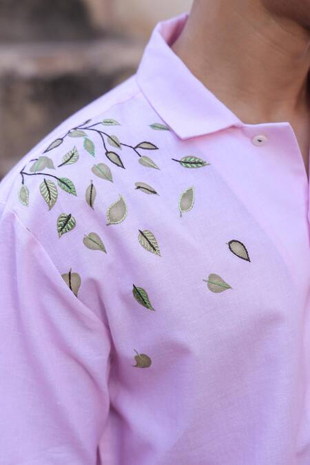 Shop_Raw & Rustic By Niti Bothra_Pink Linen, Cotton, Tencel Embroidery Elephant Cuban Collar Shirt _Online_at_Aza_Fashions