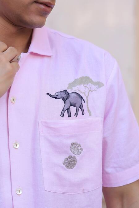 Raw & Rustic By Niti Bothra_Pink Linen, Cotton, Tencel Embroidery Elephant Cuban Collar Shirt _at_Aza_Fashions