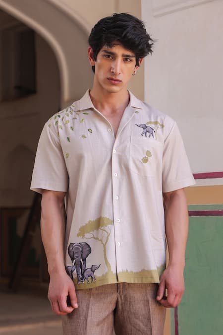 Raw & Rustic by Niti Bothra Elephant Embroidered Cuban Collar Shirt 