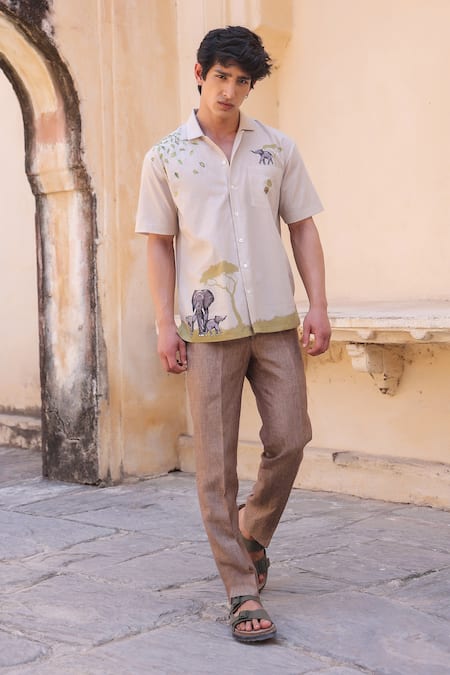 Shop_Raw & Rustic By Niti Bothra_Ivory Embroidery Elephant Cuban Collar Shirt _Online_at_Aza_Fashions
