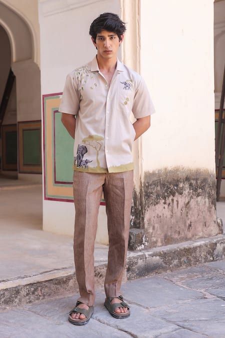 Raw & Rustic By Niti Bothra_Ivory Embroidery Elephant Cuban Collar Shirt _at_Aza_Fashions