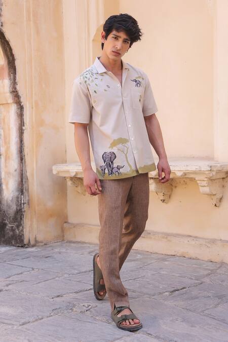 Buy_Raw & Rustic By Niti Bothra_Ivory Embroidery Elephant Cuban Collar Shirt 