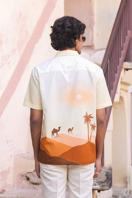 Raw & Rustic By Niti Bothra Camel Embroidered Cuban Collar Shirt 