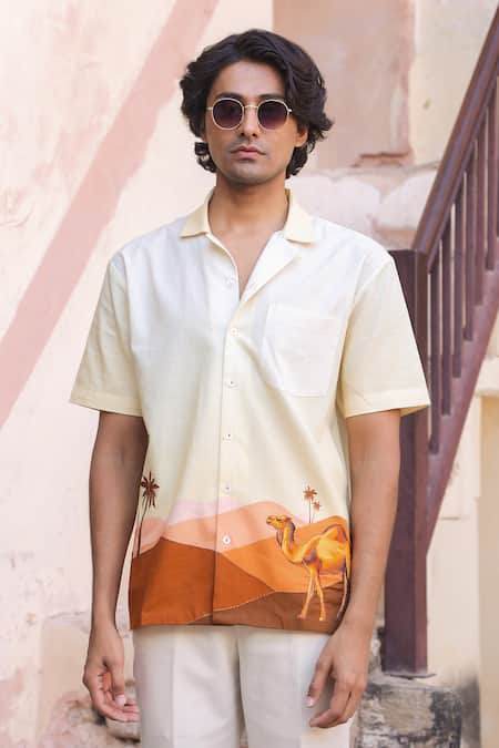 Raw & Rustic by Niti Bothra Camel Embroidered Cuban Collar Shirt 