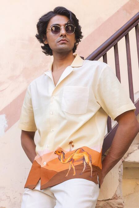 Raw & Rustic By Niti Bothra_Yellow Cotton, Linen, Tencel Embroidery Camel Cuban Collar Shirt _Online_at_Aza_Fashions