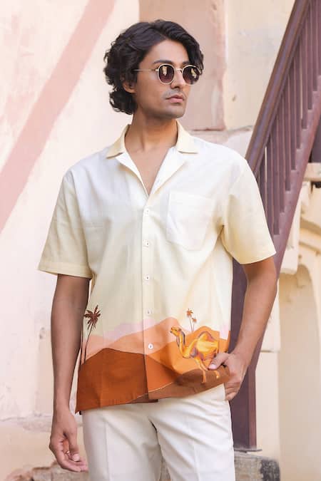 Buy_Raw & Rustic By Niti Bothra_Yellow Cotton, Linen, Tencel Embroidery Camel Cuban Collar Shirt _Online_at_Aza_Fashions
