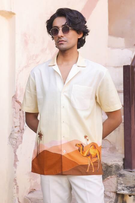 Shop_Raw & Rustic By Niti Bothra_Yellow Cotton, Linen, Tencel Embroidery Camel Cuban Collar Shirt _Online_at_Aza_Fashions