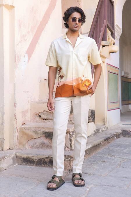 Raw & Rustic By Niti Bothra_Yellow Cotton, Linen, Tencel Embroidery Camel Cuban Collar Shirt _at_Aza_Fashions