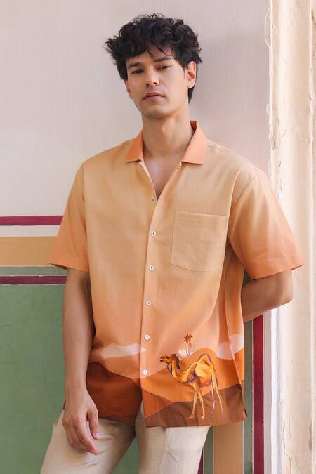 Raw & Rustic By Niti Bothra_Rust Linen, Cotton, Tencel Embroidery Camel Cuban Collar Shirt _Online_at_Aza_Fashions