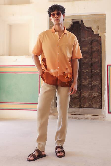 Buy_Raw & Rustic By Niti Bothra_Rust Linen, Cotton, Tencel Embroidery Camel Cuban Collar Shirt _Online_at_Aza_Fashions